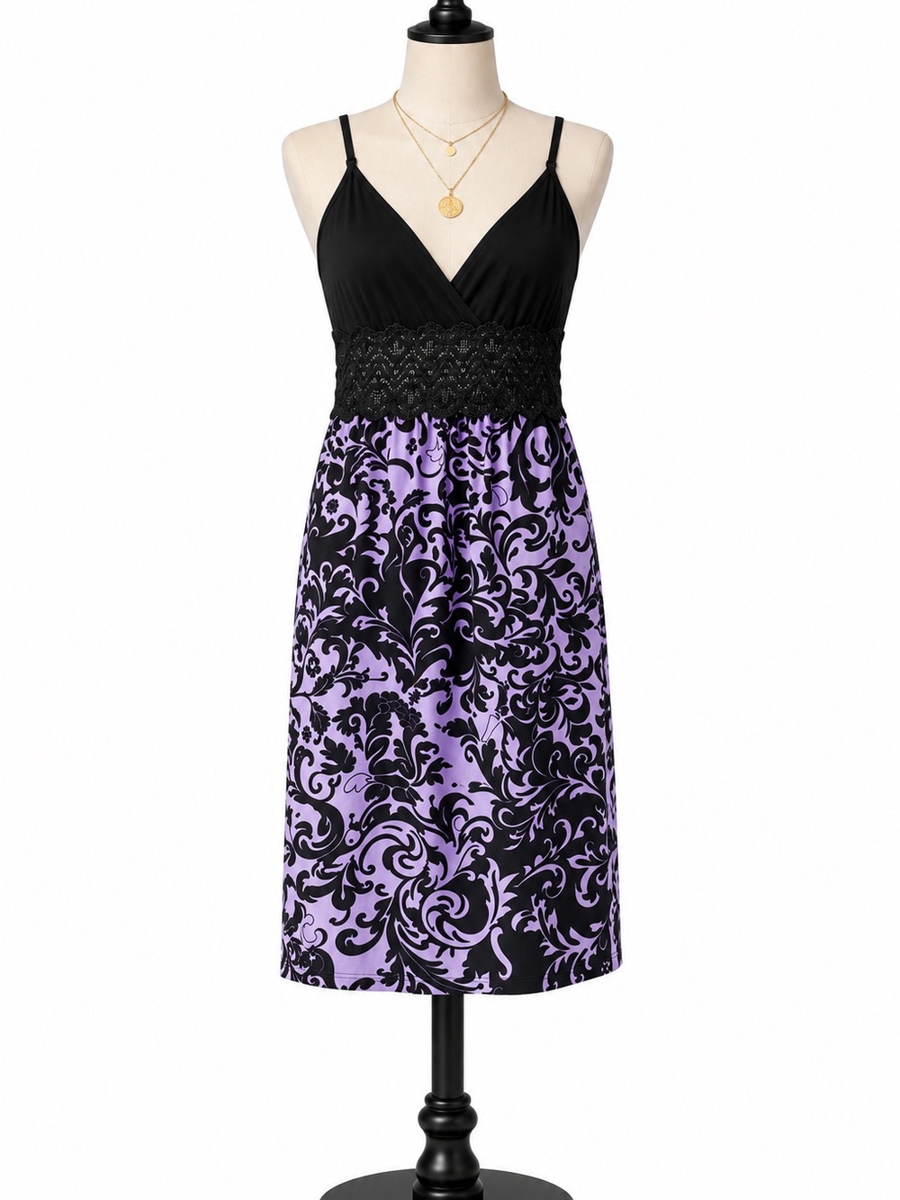 Black Bodice Lavender Baroque Print Spaghetti Strap Gown